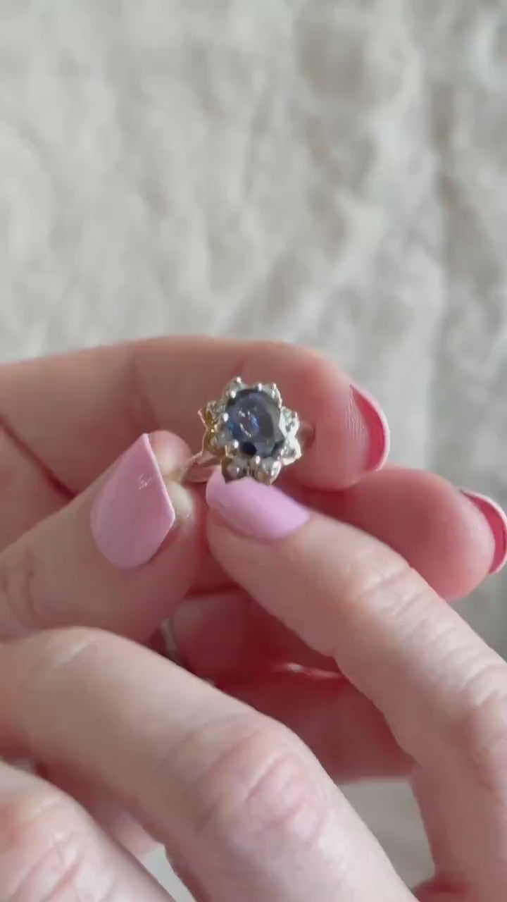 Vintage 1950s Sapphire & Diamond Halo Ring, 14k Gold