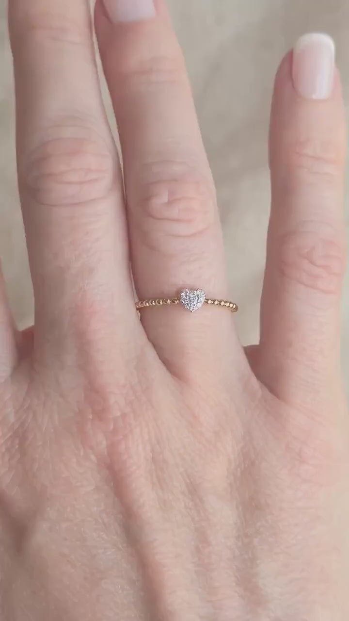 Vintage Diamond Engagement Ring, Heart Shaped Pave, 18k Gold, 1990s Beaded Style Band
