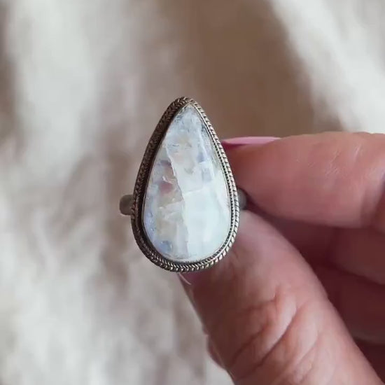 Vintage Teardrop Moonstone Ring, Sterling Silver Boho Statement Jewelry