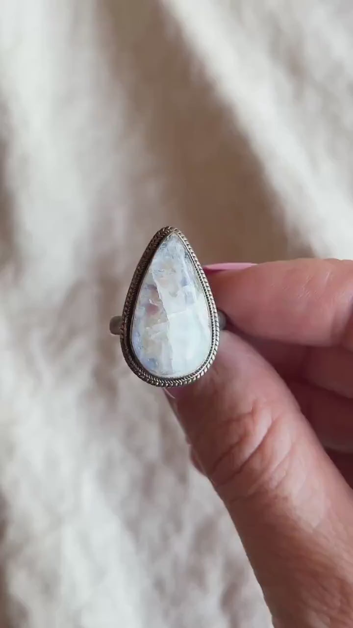 Vintage Teardrop Moonstone Ring, Sterling Silver Boho Statement Jewelry