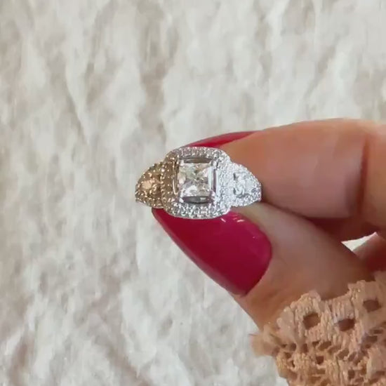 Vintage Diamond Engagement Ring, Princess Cut, Platinum, 1990s Ornate Halo Bridal Ring