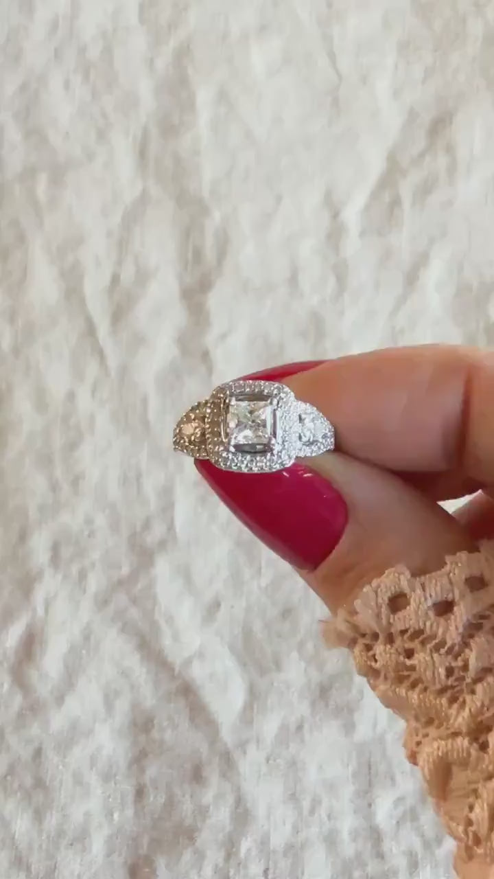 Vintage Diamond Engagement Ring, Princess Cut, Platinum, 1990s Ornate Halo Bridal Ring
