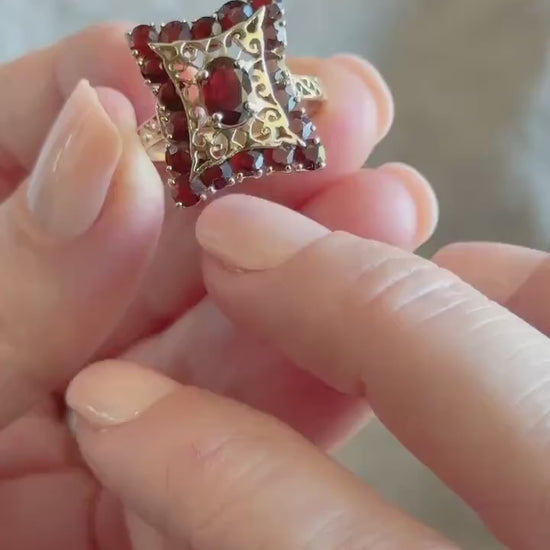 Vintage Garnet Halo Ring, 14k Gold, Gothic Filigree Statement Ring, Victorian Style Jewelry