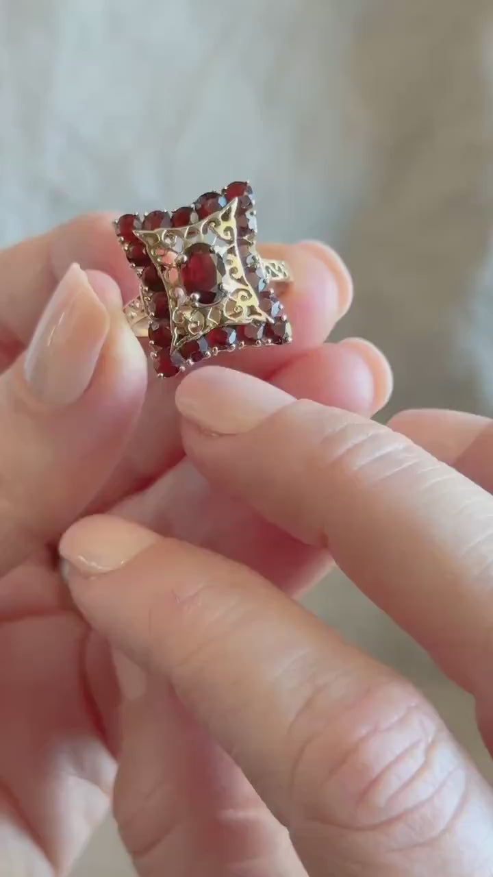Vintage Garnet Halo Ring, 14k Gold, Gothic Filigree Statement Ring, Victorian Style Jewelry