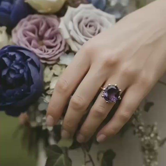 Vintage Sapphire Ring, 14k Gold, Oval Cut Purple Statement Ring, Crown Solitaire Cocktail Jewelry
