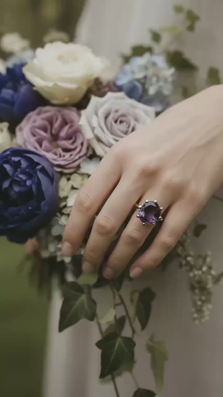 Vintage Sapphire Ring, 14k Gold, Oval Cut Purple Statement Ring, Crown Solitaire Cocktail Jewelry