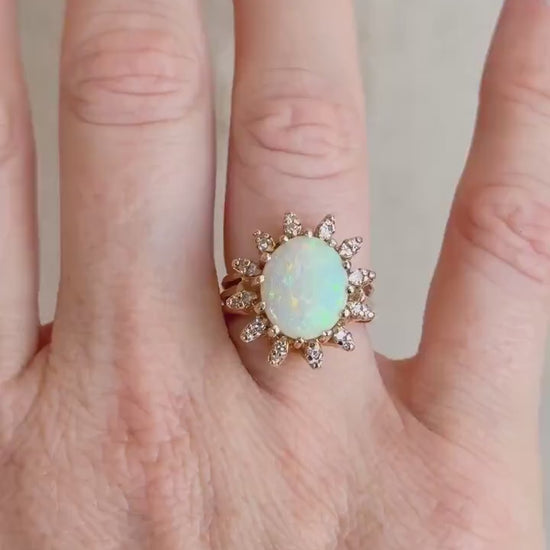 Vintage Opal and Diamond Halo Ring, 14k Gold, Oval Statement or Alternative Bridal Ring