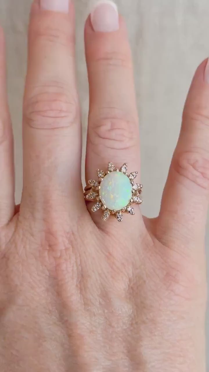 Vintage Opal and Diamond Halo Ring, 14k Gold, Oval Statement or Alternative Bridal Ring