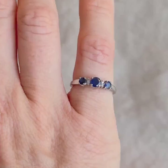 Vintage Three Stone Blue Sapphire Ring in 14k White Gold