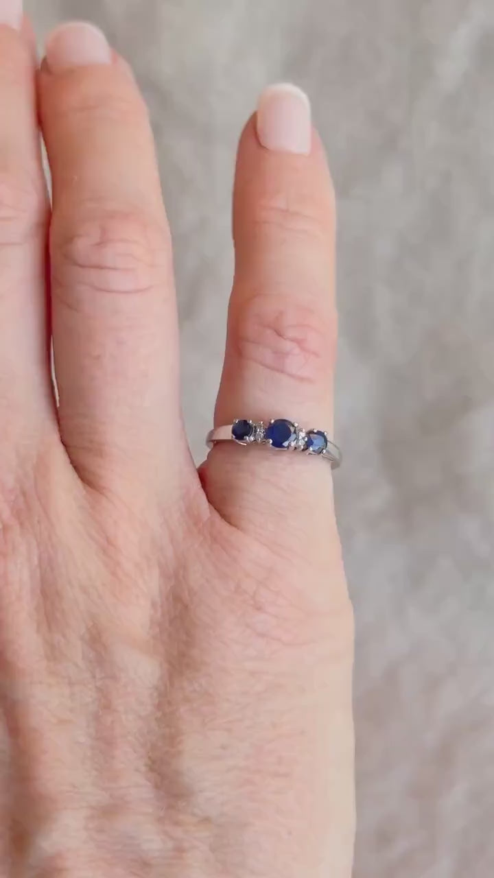 Vintage Three Stone Blue Sapphire Ring in 14k White Gold