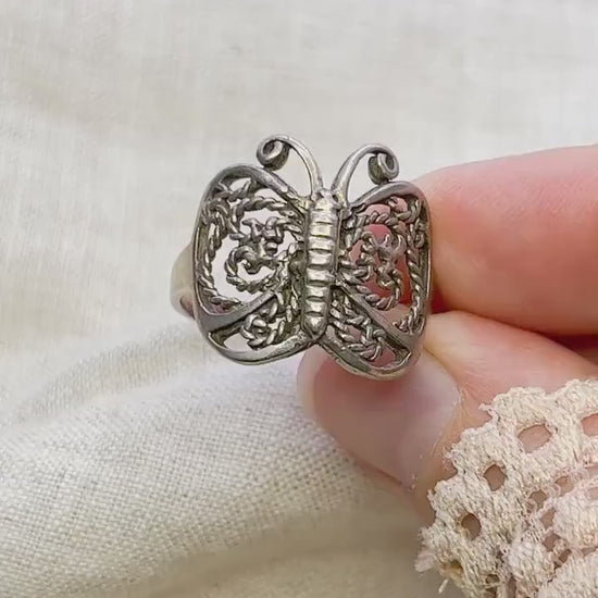Vintage Filigree Butterfly Ring, Sterling Silver Statement Boho Jewelry