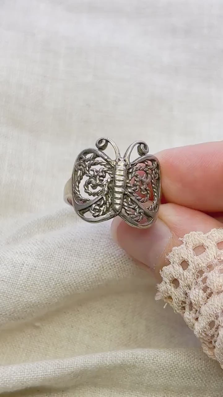 Vintage Filigree Butterfly Ring, Sterling Silver Statement Boho Jewelry