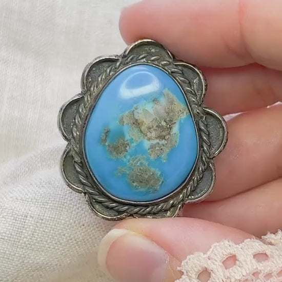Vintage Turquoise Statement Ring, Sterling Silver Boho Jewelry, Scalloped Artisan Ring