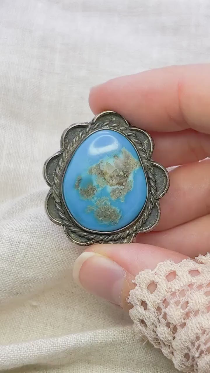 Vintage Turquoise Statement Ring, Sterling Silver Boho Jewelry, Scalloped Artisan Ring