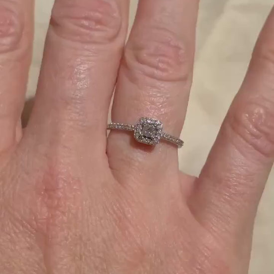 Vintage Diamond Engagement Ring, Princess Cut, 10k White Gold, 1990s Halo Bridal Ring