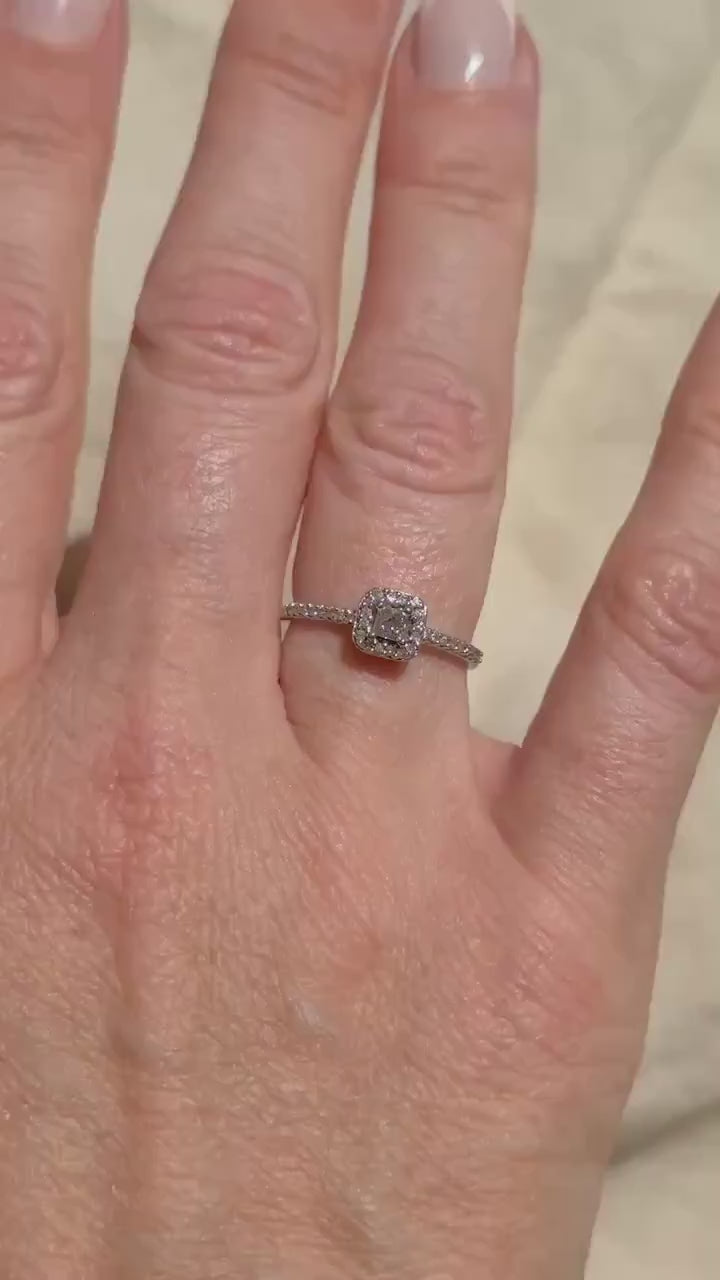 Vintage Diamond Engagement Ring, Princess Cut, 10k White Gold, 1990s Halo Bridal Ring