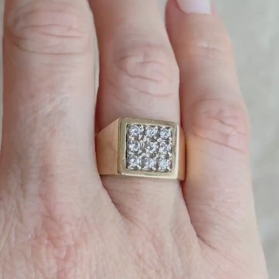Vintage Unisex Diamond Cluster Flat Top Ring in 14k Gold