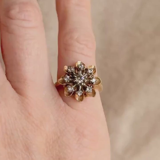 Vintage 1940s Flower Diamond Engagement Ring, 14k Gold Cluster Style Floral Bridal Jewelry • One-of-a-kind