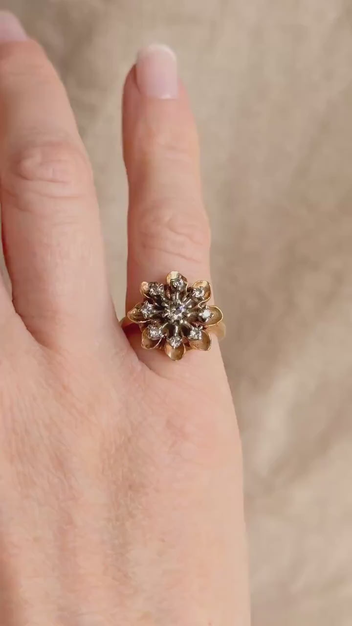 Vintage 1940s Flower Diamond Engagement Ring, 14k Gold Cluster Style Floral Bridal Jewelry • One-of-a-kind