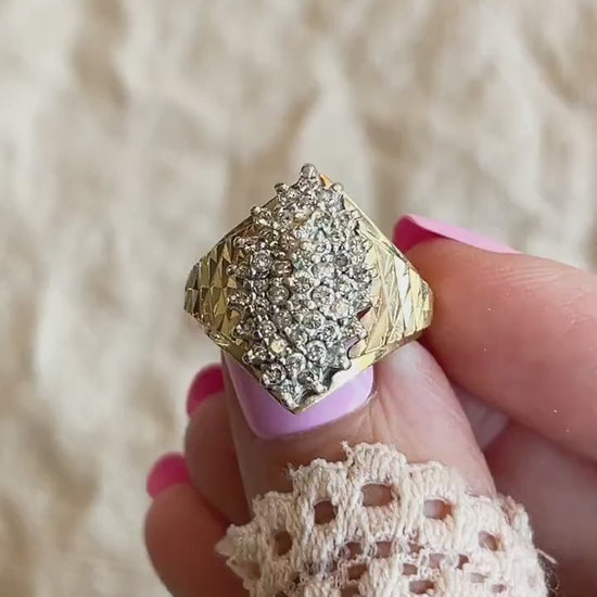 Vintage Diamond Engagement Ring, Marquise Shaped, 14k Gold, 1970s Cluster Bridal Ring