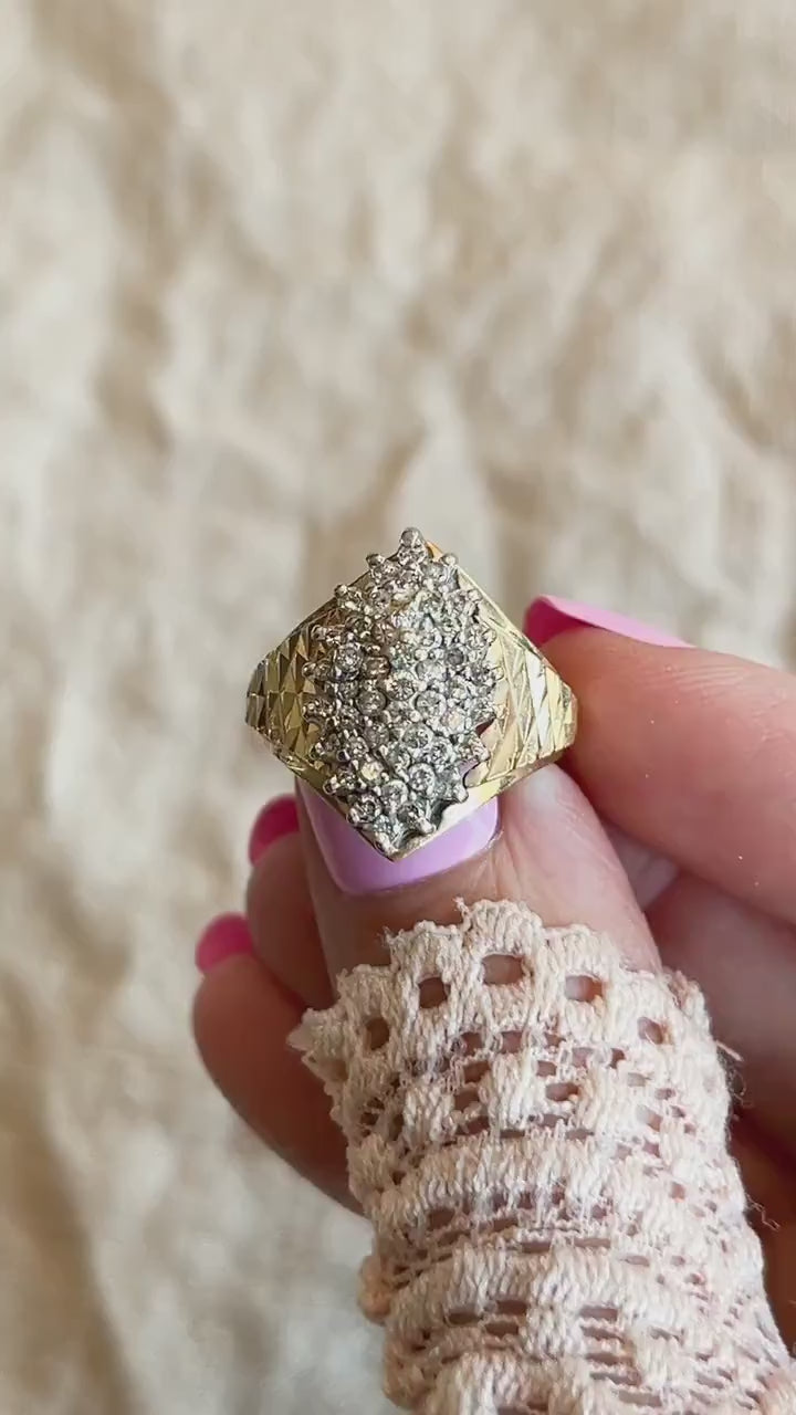 Vintage Diamond Engagement Ring, Marquise Shaped, 14k Gold, 1970s Cluster Bridal Ring