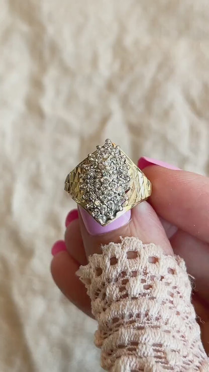 Vintage Diamond Engagement Ring, Marquise Shaped, 14k Gold, 1970s Cluster Bridal Ring