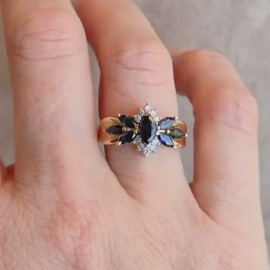 Vintage Blue Sapphire Gemstone Ring with Sunburst Diamond in 14k Gold