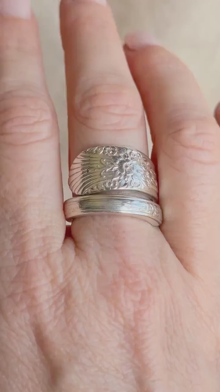 Vintage Sterling Silver Floral Spoon Ring, Statement Jewelry US 9