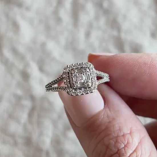 Vintage Diamond Halo Engagement Ring in 10k White Gold