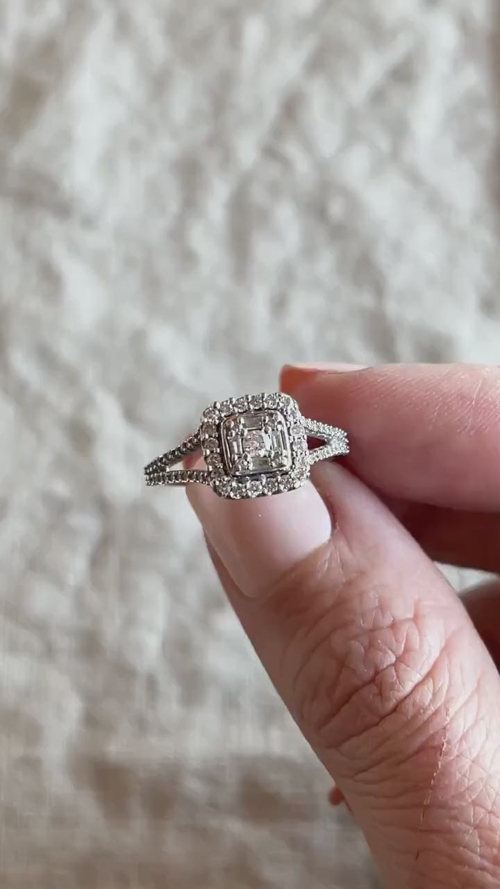 Vintage Diamond Halo Engagement Ring in 10k White Gold