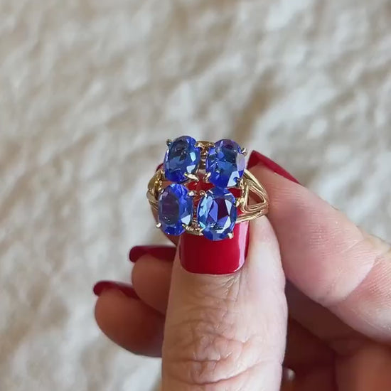 Vintage Blue Spinel Ring, 14k Gold, Clover Cluster Statement Ring, 1970s Bold Jewelry