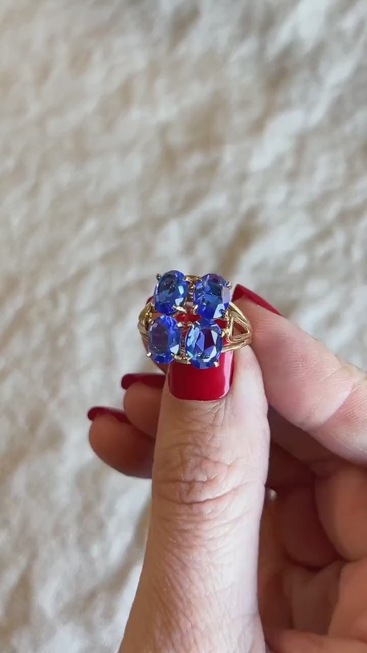 Vintage Blue Spinel Ring, 14k Gold, Clover Cluster Statement Ring, 1970s Bold Jewelry