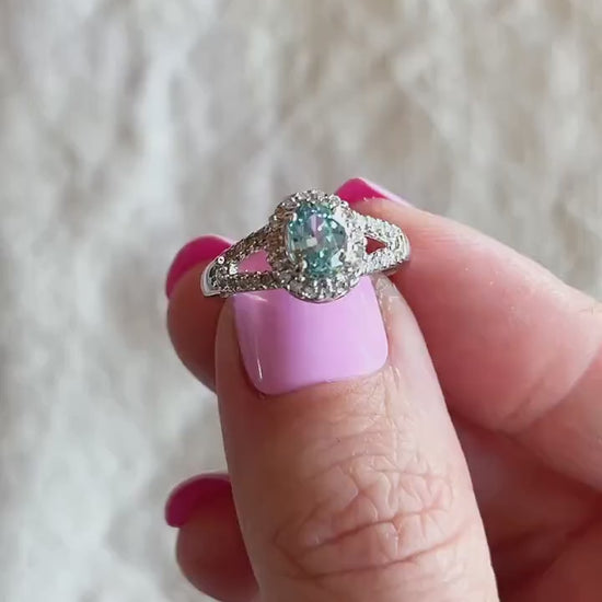 Vintage Blue Topaz & Diamond Halo Engagement Ring, Oval Cut, 10k White Gold, Bridal Ring