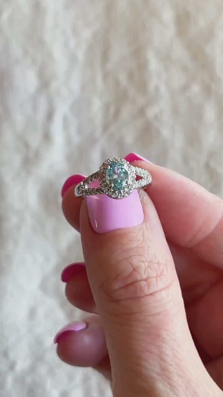 Vintage Blue Topaz & Diamond Halo Engagement Ring, Oval Cut, 10k White Gold, Bridal Ring