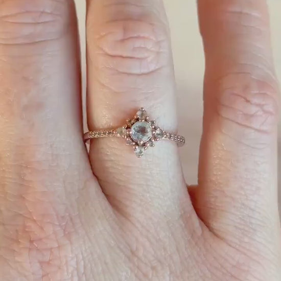 Vintage 1990s Blue Topaz Engagement Ring, 10k Rose Gold, Halo Design • One-of-a-kind Vintage Jewelry