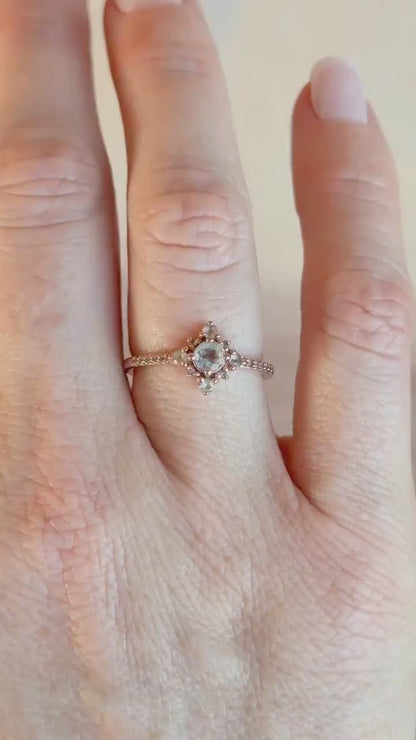Vintage 1990s Blue Topaz Engagement Ring, 10k Rose Gold, Halo Design • One-of-a-kind Vintage Jewelry