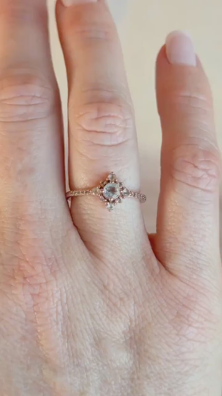 Vintage 1990s Blue Topaz Engagement Ring, 10k Rose Gold, Halo Design • One-of-a-kind Vintage Jewelry