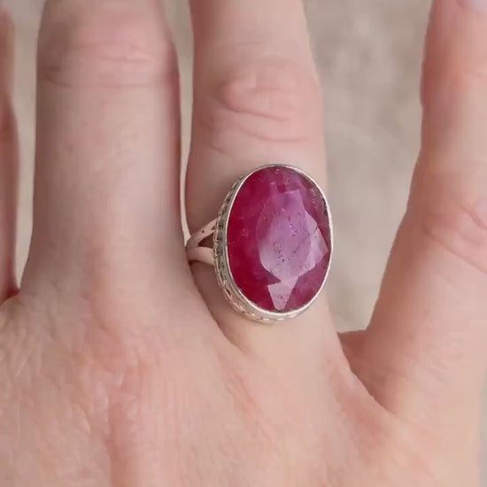 Vintage Sterling Silver Oval Ruby Statement Ring, Boho Artisan Jewelry