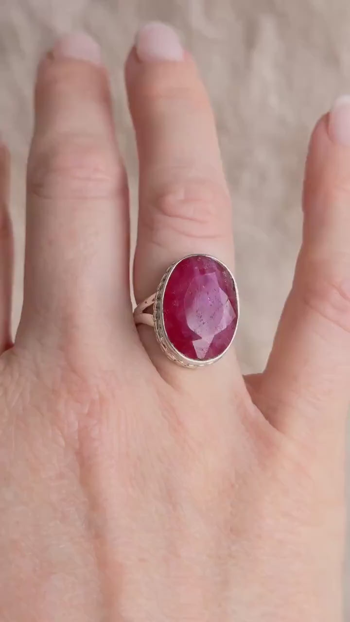 Vintage Sterling Silver Oval Ruby Statement Ring, Boho Artisan Jewelry