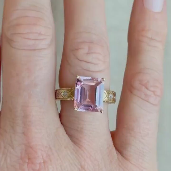 Vintage Pink Tourmaline Engagement Ring, Emerald Cut, 10k Gold, Filigree Alternative Bridal Ring