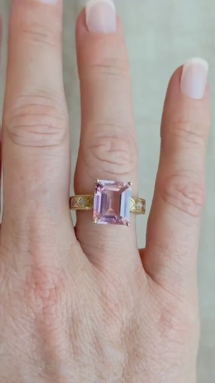 Vintage Pink Tourmaline Engagement Ring, Emerald Cut, 10k Gold, Filigree Alternative Bridal Ring