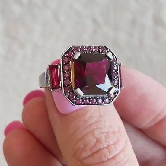 Vintage Rhodolite Garnet Halo Gemstone Ring in 10k White Gold