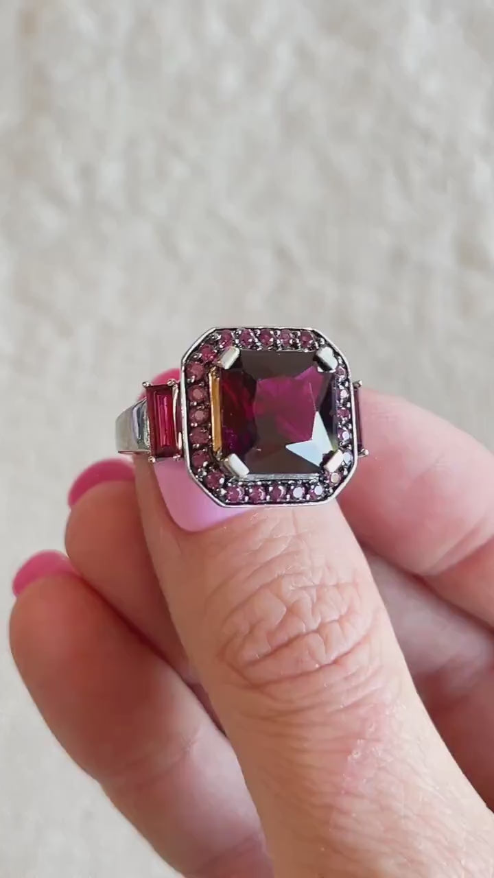 Vintage Rhodolite Garnet Halo Gemstone Ring in 10k White Gold