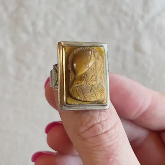 Antique 1920s Tigers Eye Cameo Gemstone Ring, 10k Gold
