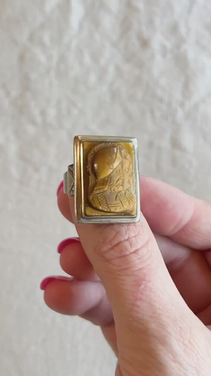 Antique 1920s Tigers Eye Cameo Gemstone Ring, 10k Gold
