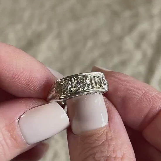 Vintage 1930s Diamond Three Stone Engagement Ring, 14k White Gold