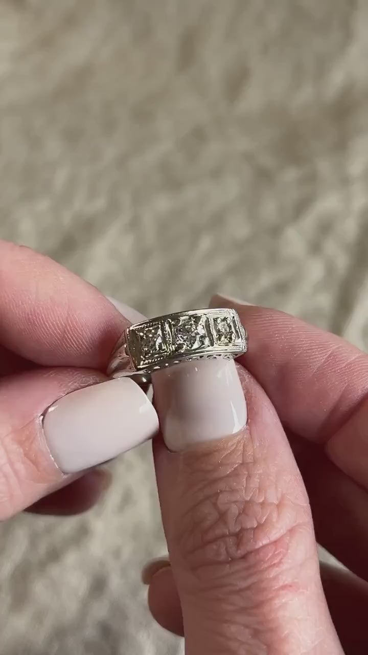 Vintage 1930s Diamond Three Stone Engagement Ring, 14k White Gold