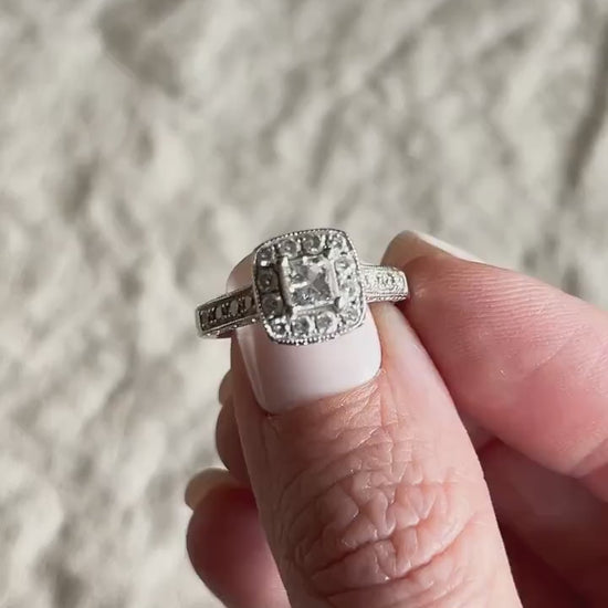 Vintage Diamond Engagement Ring, Princess Cut, 14k White Gold, 1990s Halo Bridal Ring