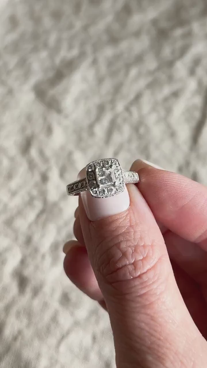 Vintage Diamond Engagement Ring, Princess Cut, 14k White Gold, 1990s Halo Bridal Ring