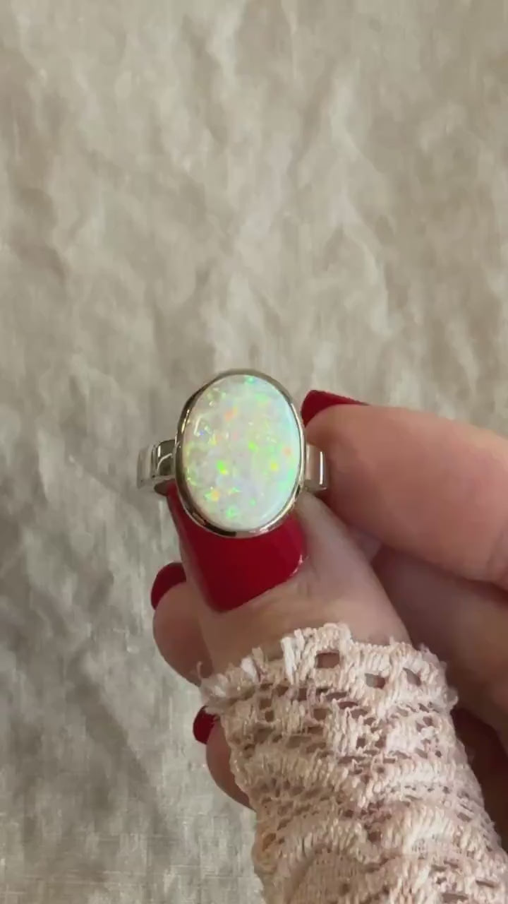 Vintage Genuine Opal Ring in 18k White Gold